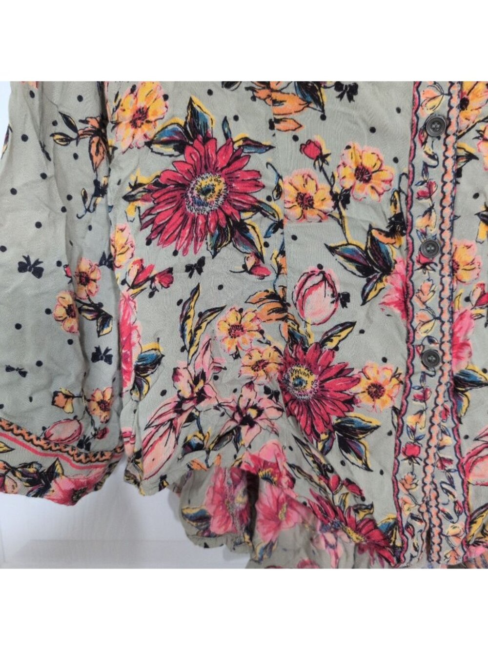 Lola P Floral Shirt Womens Size Large Green Boho Roll Tab Sleeves Button Front - Picture 7 of 12